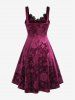 Plus Size Floral Trim Lace Up Velvet Embossed Ruched A Line Tank Dress -  