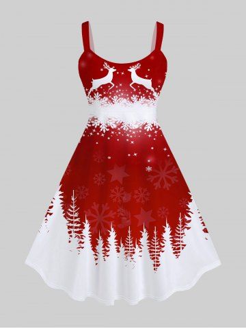 Plus Size Christmas Tree Elk Snowflake Colorblock Glitter 3D Print Tank Dress - RED - M
