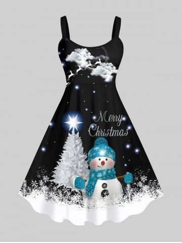 Plus Size Glitter Sparkling Stars Christmas Tree Snowman Snowflake Elk Cloud Print Tank Dress