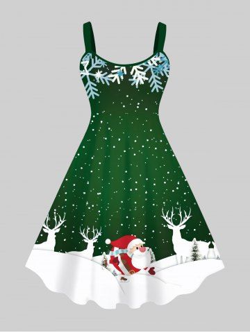 Plus Size Snowflake Santa Claus Elk Print Christmas Tank Dress - DEEP GREEN - XS