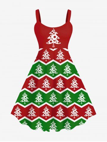 Plus Size Christmas Tree Wavy Colorblock Print Tank Dress