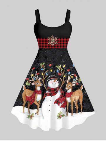 Plus Size Christmas Light Snowflake Snowman Elk Print Tank Dress - BLACK - XS