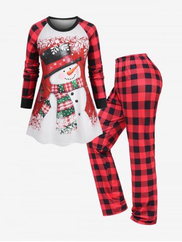 Plus Size Christmas Snowman Snowflake Colorblock Print Top and Plaid Pants Pajama Set - RED - L