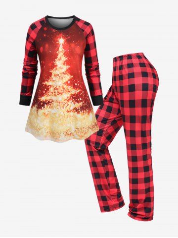 Plus Size Christmas Tree Glitter Sequin 3D Print Top and Plaid Pants Pajama Set - RED - 2XL