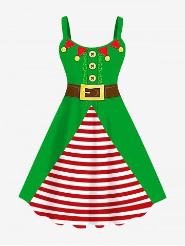 Plus Size Christmas Flags Striped Buttons Buckle Belt 3D Print Tank Dress - GREEN - XS