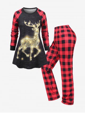 Plus Size Christmas Elk Glitter Print Top and Plaid Pants Pajama Set - RED - L
