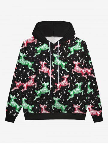 Gothic Colorful Christmas Elk Stars Print Pocket Drawstring Pullover Fleece Lining Hoodie For Men - BLACK - L