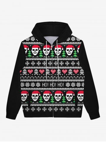 Gothic Christmas Hat Tree Skulls Heart Striped Snowflake Print Zipper Pocket Drawstring Hoodie For Men - BLACK - XL