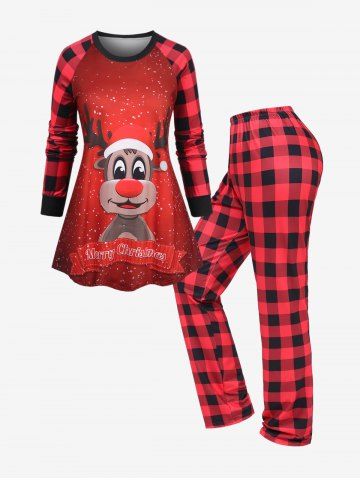 Plus Size Christmas Elk Star Glitter 3D Print Top and Plaid Pants Pajama Set - RED - L