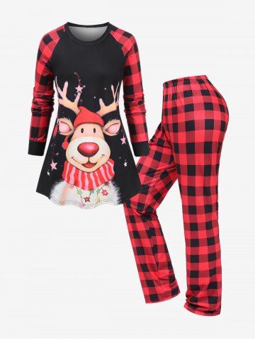 Plus Size Christmas Light Star Elk Print Plaid Pajama Set - RED - L