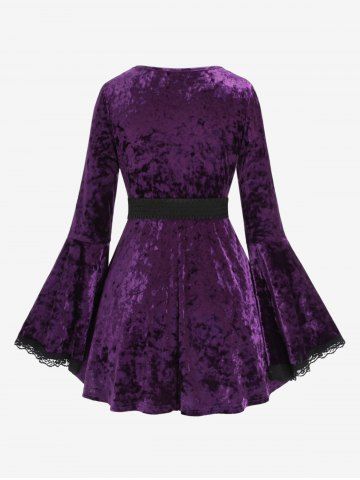 Plus Size Lace Trim Bell Sleeves Ruched Belt Velvet T-shirt