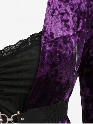 Plus Size Lace Trim Bell Sleeves Ruched Belt Velvet T-shirt
