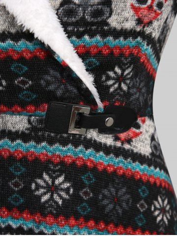 Plus Size Owl Snowflake Striped Christmas Graphic Print Fur Panel High Low Hooded Dress