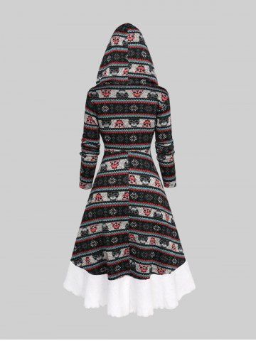Plus Size Owl Snowflake Striped Christmas Graphic Print Fur Panel High Low Hooded Dress