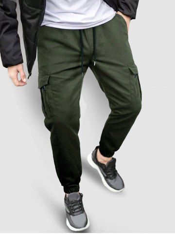 Men's Solid Color Zip Pockets Design Drawstring Beam Feet Techwear Cargo Pants - DEEP GREEN - S