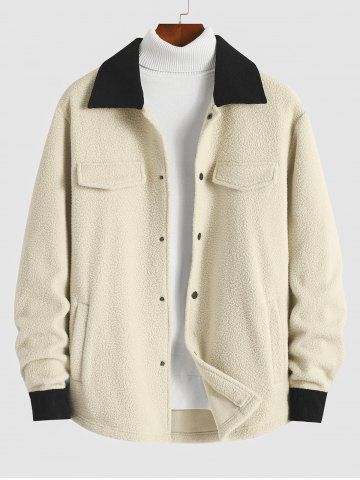 Corduroy Spliced Fluffy Fleece Colorblock Mock Pocket Teddy Jacket - CRYSTAL CREAM - XXL