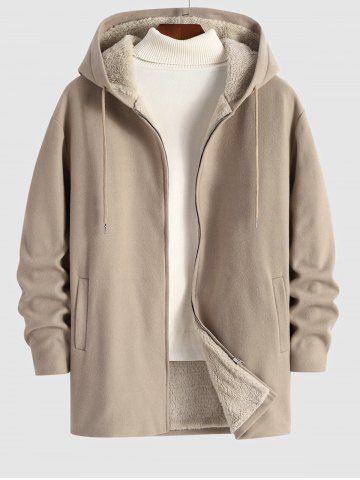 Men's Casual Minimalist Solid Color Zip Fly Hooded Fleece-lined Woolen Long Coat - LIGHT COFFEE - L