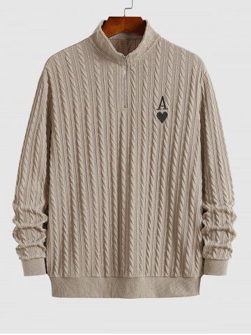 Men's Daily Cable Knit Quarter Zip Stand Collar Playing Card Heart A Embroidered Long Sleeve Pullover Jumper Sweater