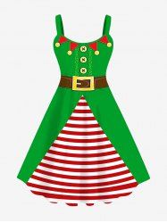 Plus Size Christmas Flags Striped Buttons Buckle Belt 3D Print Tank Dress -  