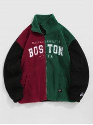 Men's MASSAC HUSETTS BOSTON Embroidered Two Tone Colorblock Zip Fluffy Faux Shearling Zip Fly Jacket -  
