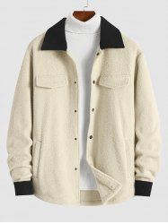 Corduroy Spliced Fluffy Fleece Colorblock Mock Pocket Teddy Jacket -  