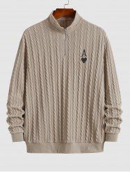 Men's Daily Cable Knit Quarter Zip Stand Collar Playing Card Heart A Embroidered Long Sleeve Pullover Jumper Sweater -  