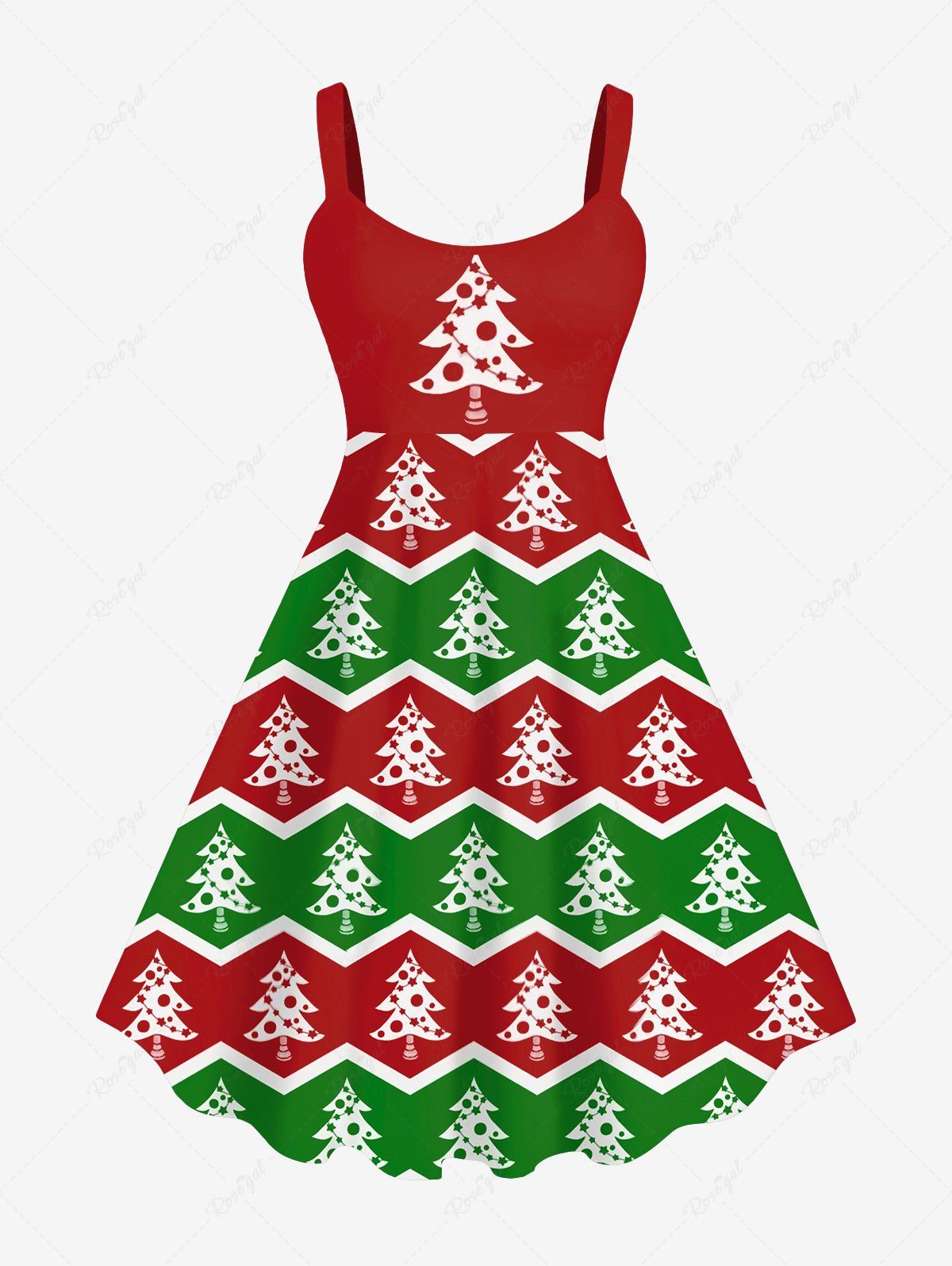 Cheap Plus Size Christmas Tree Wavy Colorblock Print Tank Dress  