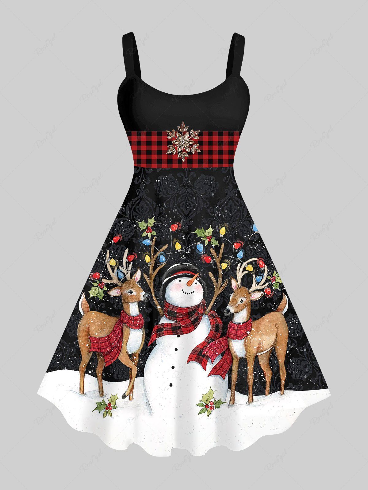 Best Plus Size Christmas Light Snowflake Snowman Elk Print Tank Dress  