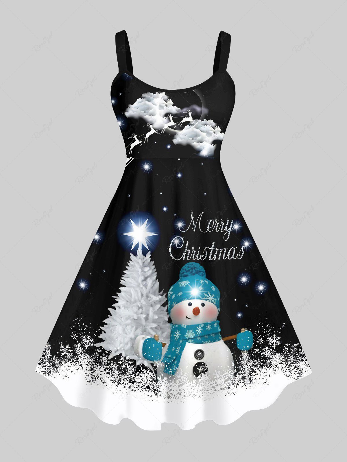 Best Plus Size Glitter Sparkling Stars Christmas Tree Snowman Snowflake Elk Cloud Print Tank Dress  