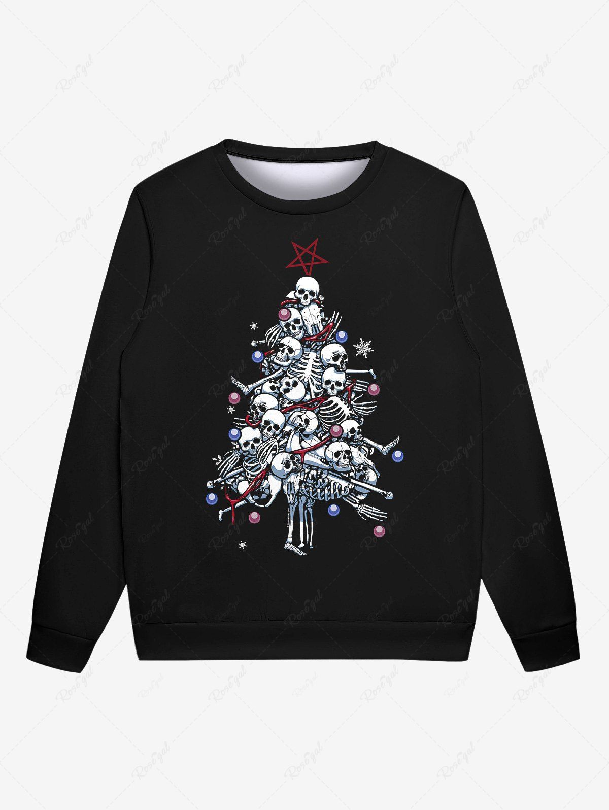 Affordable Gothic Skeleton Christmas Tree Ball Star Snowflake Print Pullover Sweatshirt For Men  