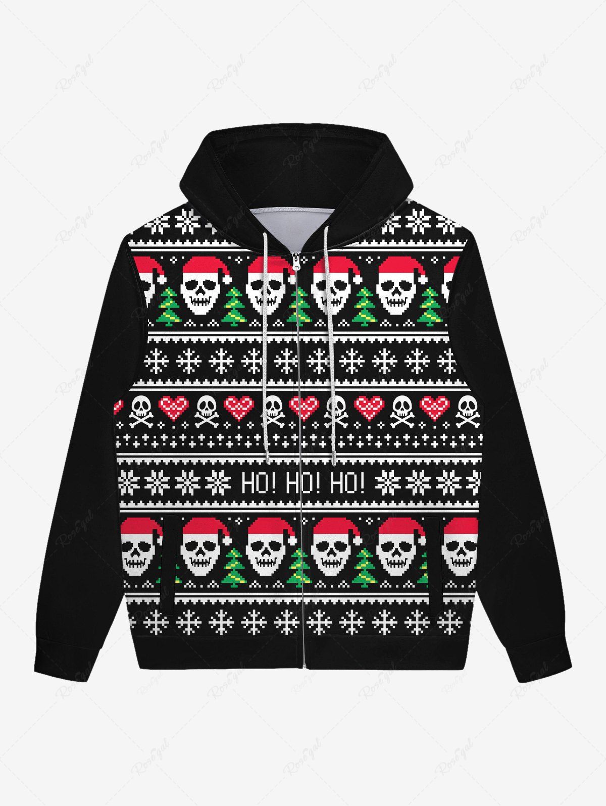 Fashion Gothic Christmas Hat Tree Skulls Heart Striped Snowflake Print Zipper Pocket Drawstring Hoodie For Men  