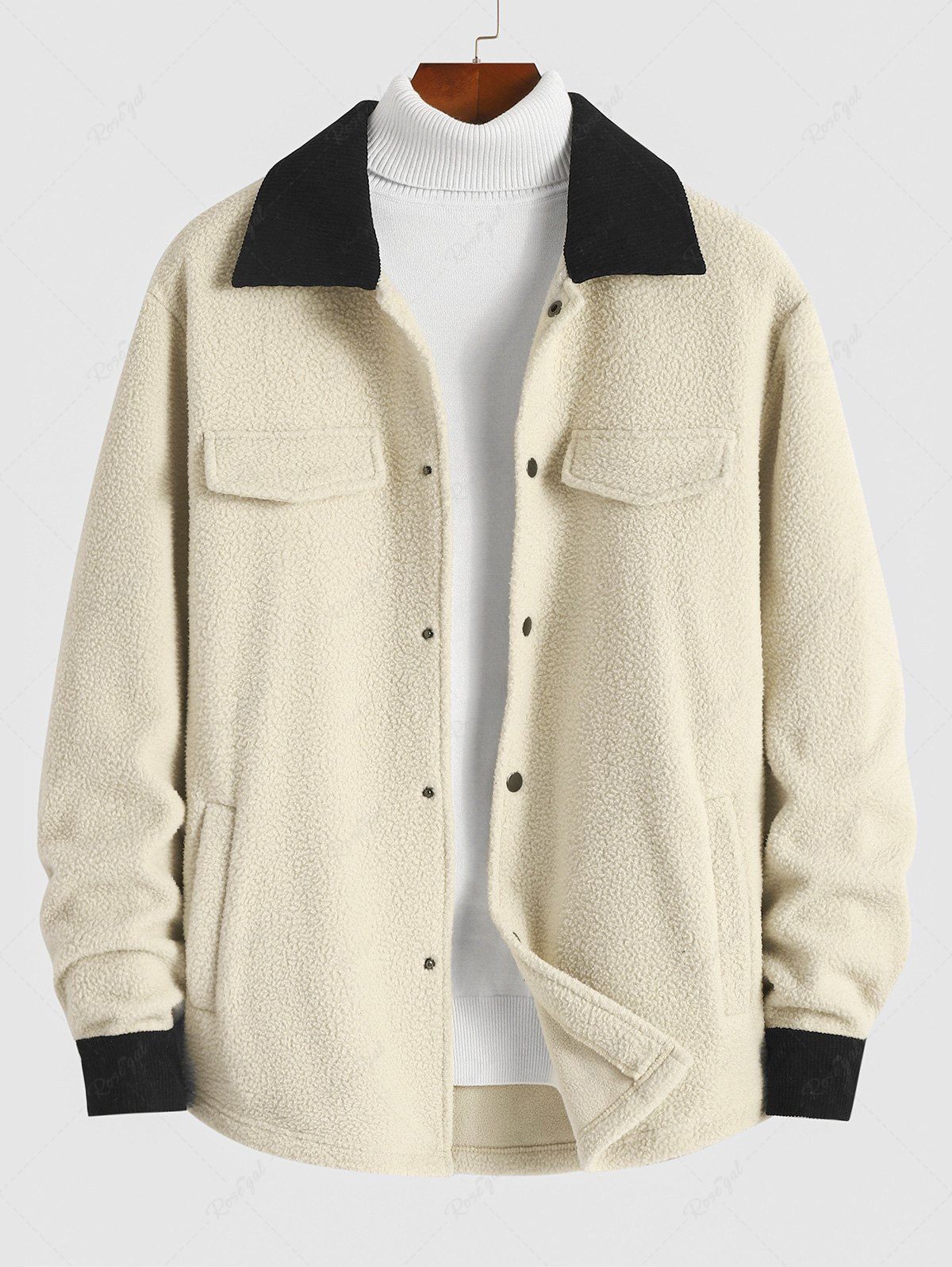 Fashion Corduroy Spliced Fluffy Fleece Colorblock Mock Pocket Teddy Jacket  