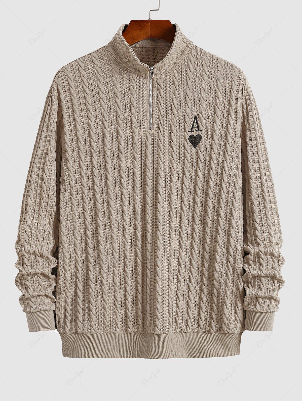 Sale Men's Daily Cable Knit Quarter Zip Stand Collar Playing Card Heart A Embroidered Long Sleeve Pullover Jumper Sweater  
