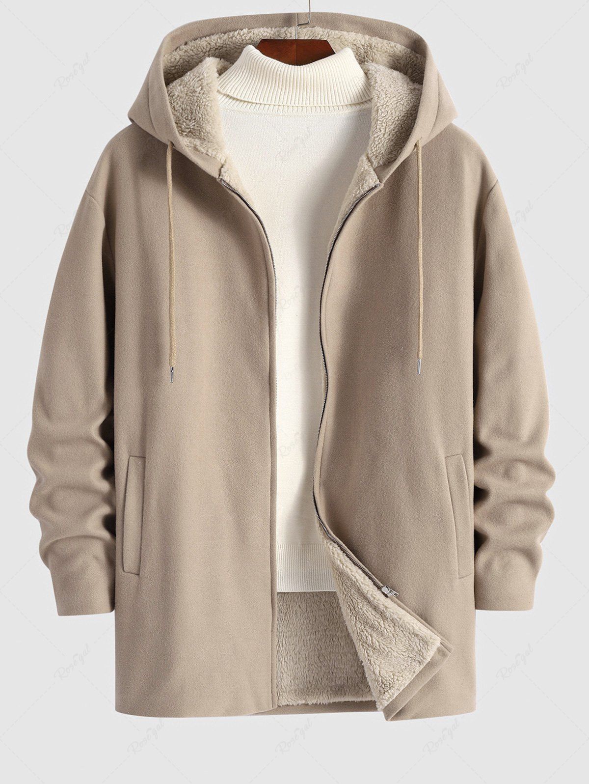 Latest Men's Casual Minimalist Solid Color Zip Fly Hooded Fleece-lined Woolen Long Coat  