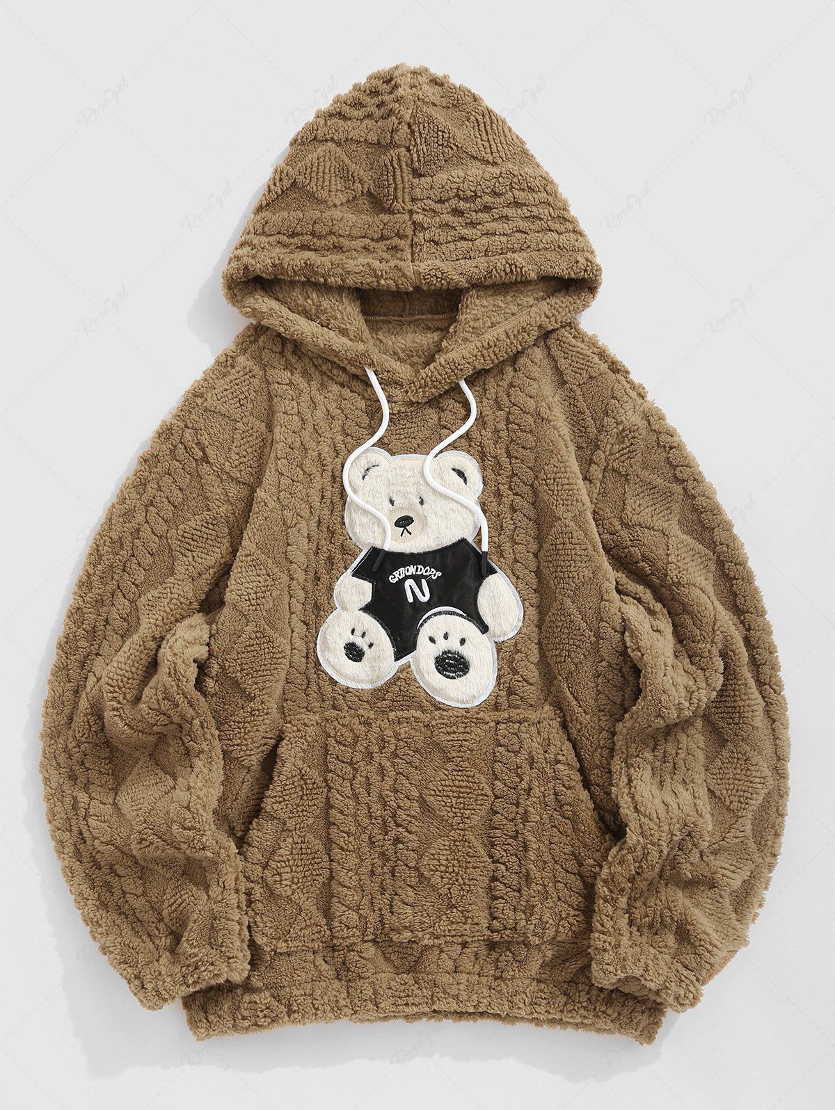 Online Men's Bear Patched Design Argyle Textured Kangaroo Pocket Pullover Hoodie  