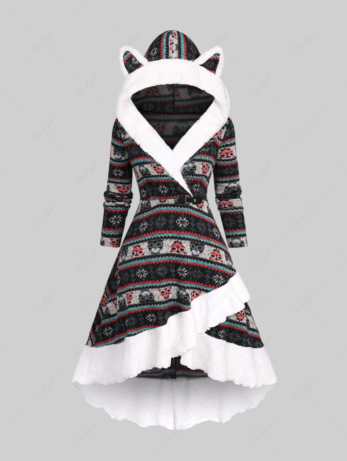 Outfit Plus Size Owl Snowflake Striped Christmas Graphic Print Fur Panel High Low Hooded Dress  
