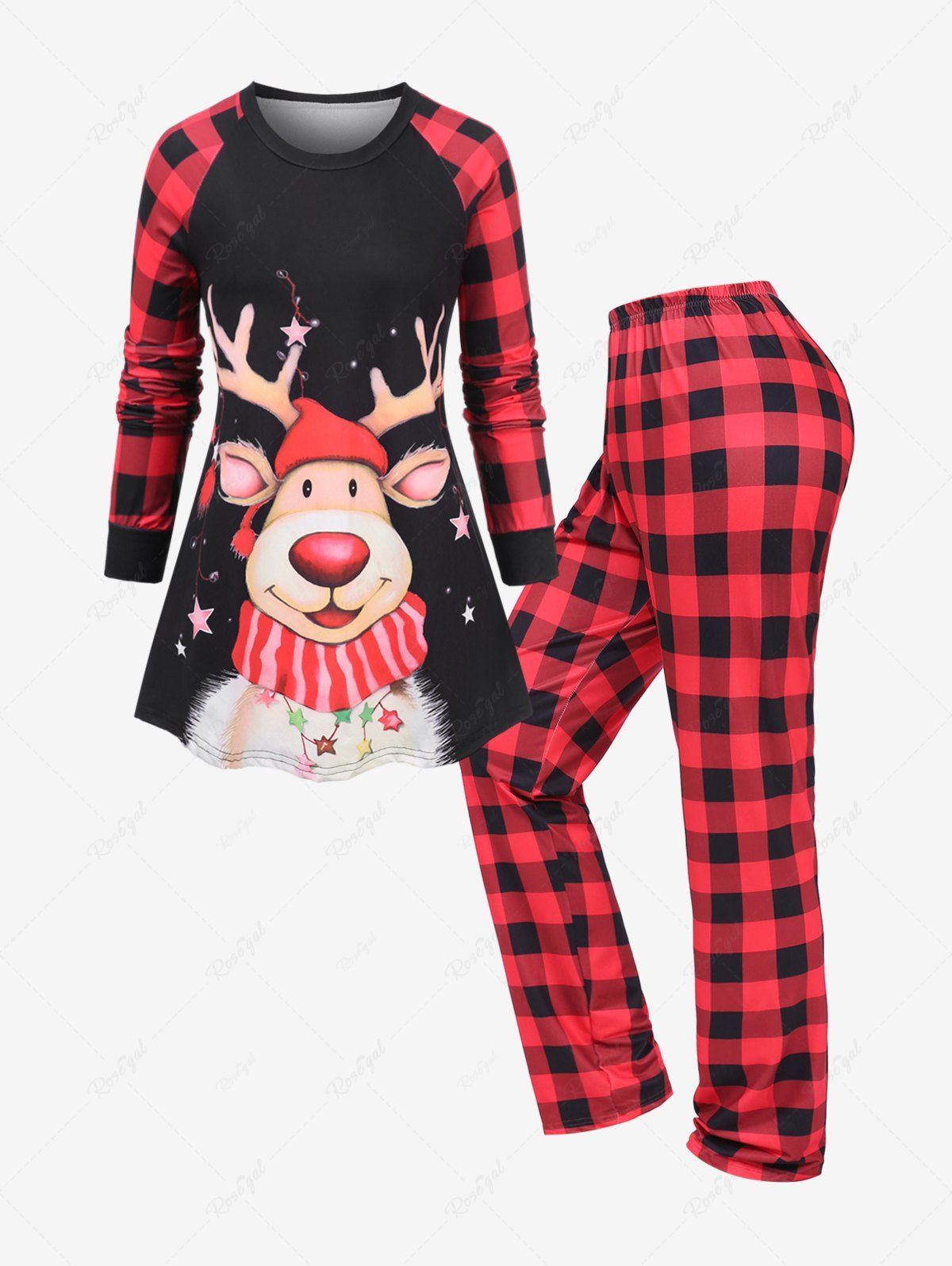 Ensemble Pyjama à Carreaux avec Imprimé Etoiles Lumineuses et Élan de Noël Grande-Taille Rouge 2XL