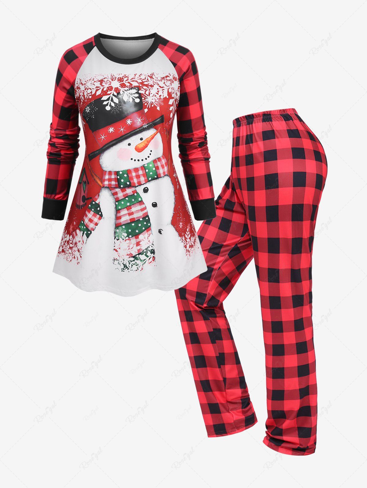 Best Plus Size Christmas Snowman Snowflake Colorblock Print Top and Plaid Pants Pajama Set  