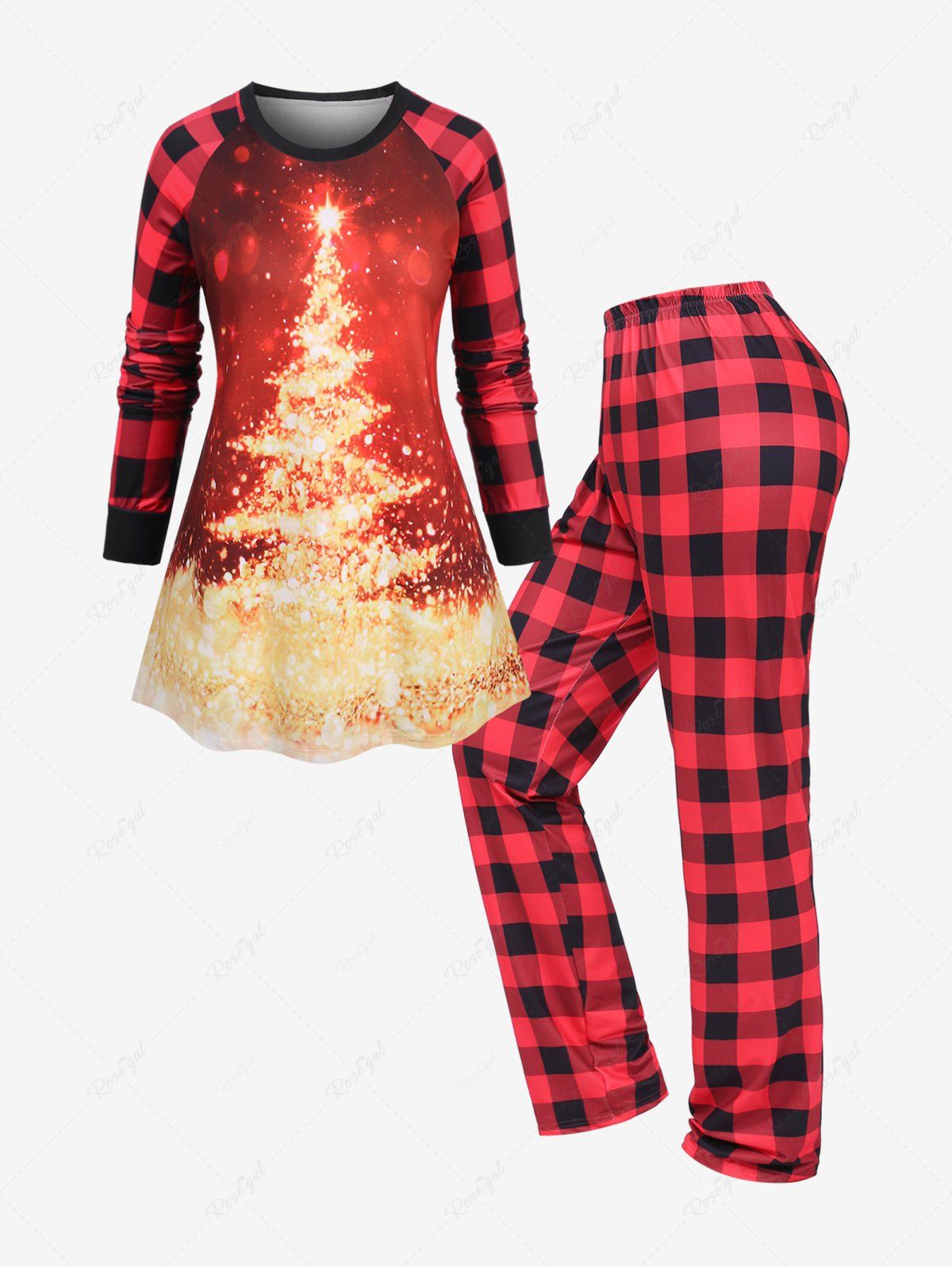 Outfit Plus Size Christmas Tree Glitter Sequin 3D Print Top and Plaid Pants Pajama Set  