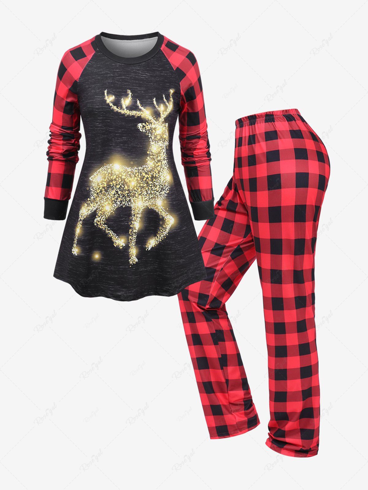 Store Plus Size Christmas Elk Glitter Print Top and Plaid Pants Pajama Set  