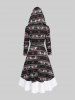 Robe à Capuche de Noël Haute Basse Panneau Rayé Flocon de Neige et Hibou Imprimés de Grande Taille - Noir L | US 12
