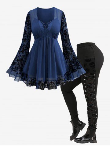Plus Size Braided Panel Ruched Floral Lace Bell Sleeves T-shirt and Skull Grommets Lace Up Leggings Outfit - DEEP BLUE