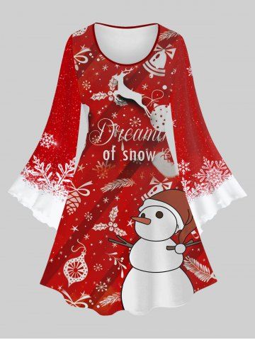 Plus Size Flare Sleeves Snowman Snowflake Elk Bell Christmas Graphic Print Ombre A Line Dress - RED - 5X