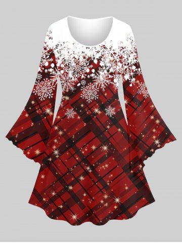 Plus Size Christmas Snowflake Plaid Colorblock Glitter 3D Printed Flare Sleeve Dress - DEEP RED - S