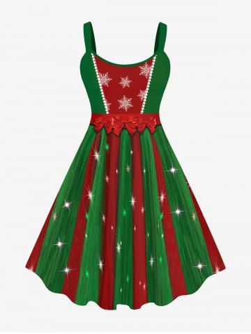Plus Size Christmas Snowflake Colorblock Bowknot Lace Trim Glitter 3D Print Tank Dress - DEEP GREEN - XS