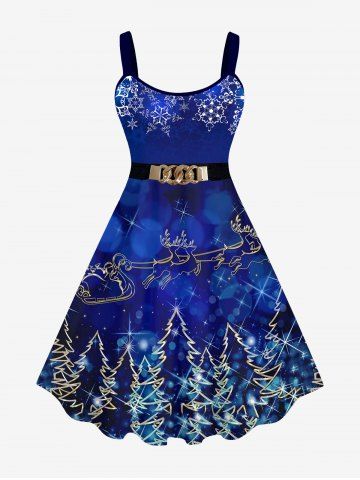 Robe Brillante Bouclée 3D Sapin de Noël et Flocon de Neige Imprimés de Grande Taille - DEEP BLUE - S