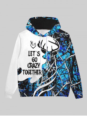 Gothic Christmas Elk Branch Colorblock Letters Print Pocket Fleece Lining Pullover Hoodie For Men - WHITE - L