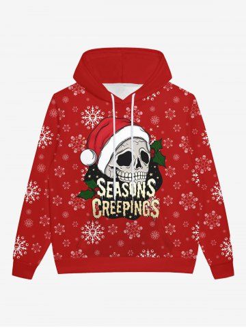 Gothic Christmas Hat Snowflake Skull Letters Print Pocket Fleece Lining Pullover Hoodie For Men - RED - M