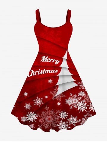 Plus Size 3D Layered Snowflake Christmas Tree Letters Print Ombre Tank Dress - RED - XS