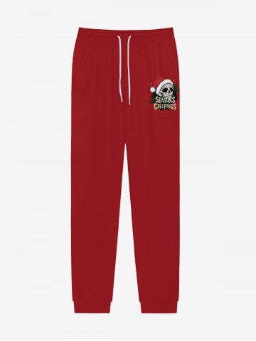 Pantalon de Survêtement avec Cordon de Serrage à Imprimé Crâne et Inscription pour Noël Style Gothique - RED - M